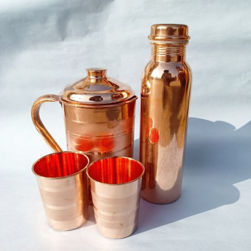 Premium Pure Copper Plain Mirror-Finish Tableware Combo Set Featuring 1-Liter Storage Jug with Lid, 1-Liter Leak-Proof Sports Water Bottle, and 3 Matching Drinking Tumbler Glasses