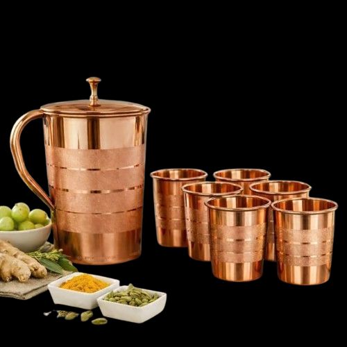 Premium Pure Copper Plain Mirror-Finish Tableware Combo Set Featuring 1-Liter Storage Jug with Lid, 1-Liter Leak-Proof Sports Water Bottle, and 3 Matching Drinking Tumbler Glasses