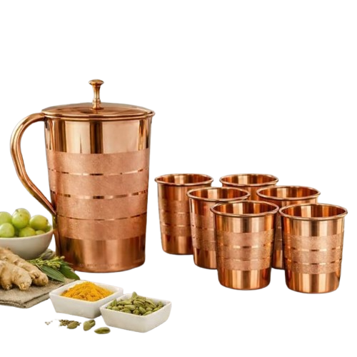Premium Pure Copper Plain Mirror-Finish Tableware Combo Set Featuring 1-Liter Storage Jug with Lid, 1-Liter Leak-Proof Sports Water Bottle, and 3 Matching Drinking Tumbler Glasses