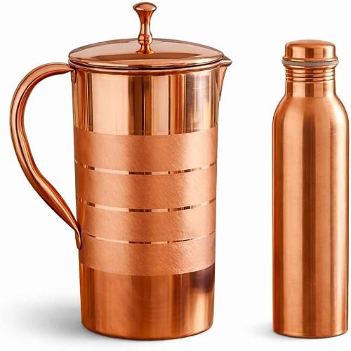 Premium Pure Copper Plain Mirror-Finish Tableware Combo Set Featuring 1-Liter Storage Jug with Lid, 1-Liter Leak-Proof Sports Water Bottle, and 3 Matching Drinking Tumbler Glasses