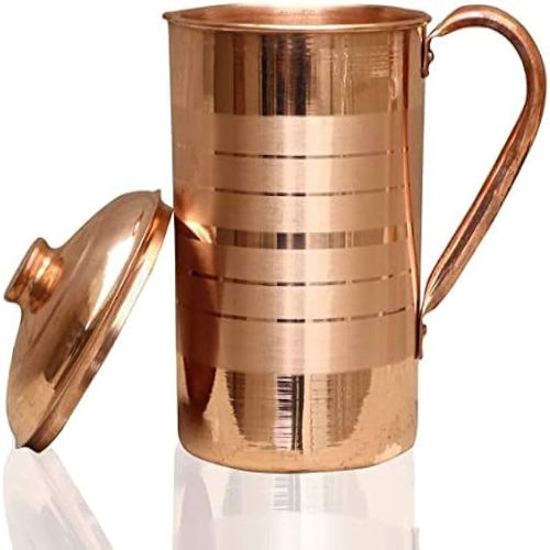 Premium Pure Copper Plain Mirror-Finish Tableware Combo Set Featuring 1-Liter Storage Jug with Lid, 1-Liter Leak-Proof Sports Water Bottle, and 3 Matching Drinking Tumbler Glasses