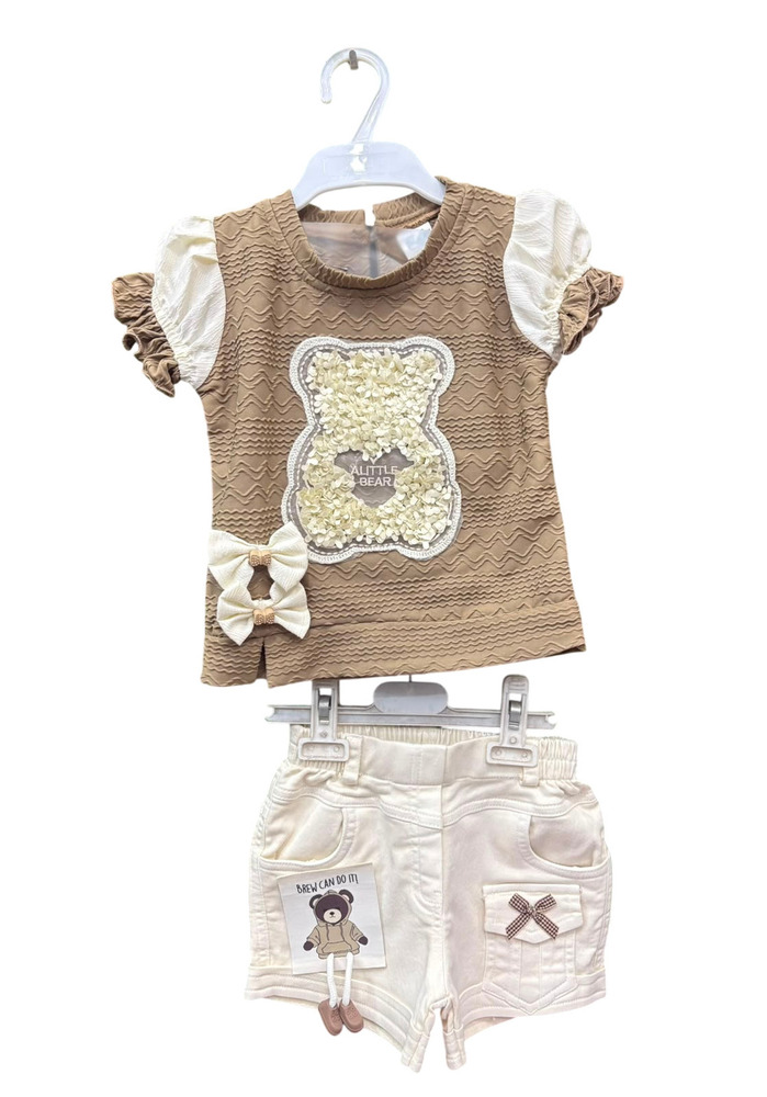 Kids Girl 2 PC Bear Print T-shirt And Shorts