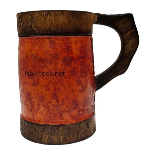 Rustic Wooden Bar Mug Leather Wrapped Handmade Beer Tankard with Anchor Wheel Engraving wooden Mug