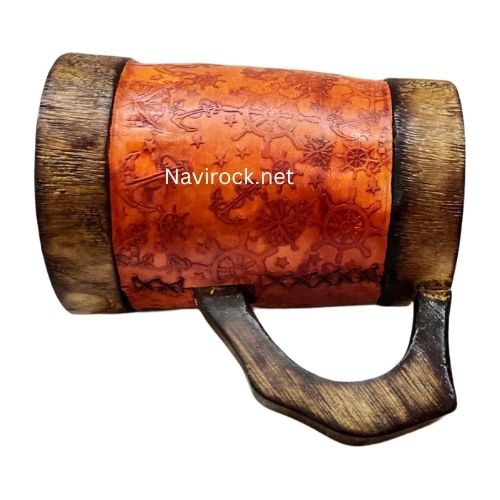 Rustic Wooden Bar Mug Leather Wrapped Handmade Beer Tankard with Anchor Wheel Engraving wooden Mug