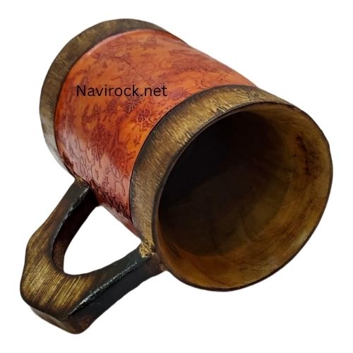 Rustic Wooden Bar Mug Leather Wrapped Handmade Beer Tankard with Anchor Wheel Engraving wooden Mug