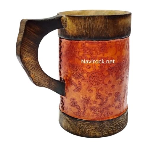 Rustic Wooden Bar Mug Leather Wrapped Handmade Beer Tankard with Anchor Wheel Engraving wooden Mug