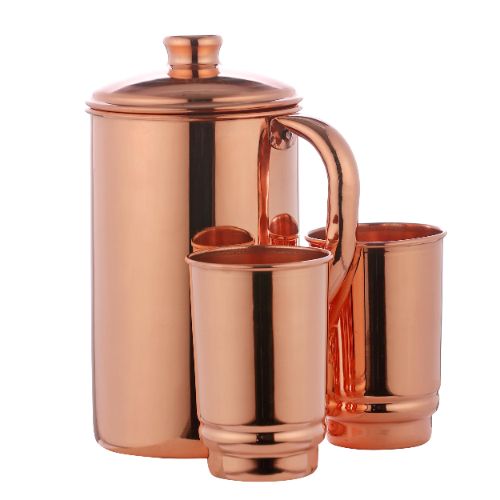 Premium Jointless Pure Copper Plain Mirror-Finish Tableware Serving Jug Pitcher with Lid and 2 Matching Drinking Tumbler Glasses Set