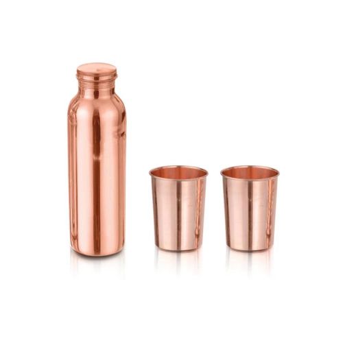 Premium Seamless Pure Copper Plain Mirror-Finish 1-Liter Hydration Water Bottle With Leak-Proof Cap And 2 Matching Drinking Tumbler Glasses Combo Set" - Color: Coper