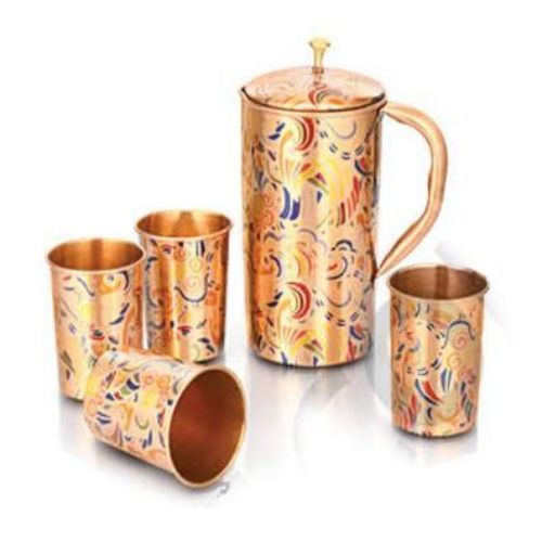 Handcrafted Pure Copper Floral Meenakari Art Printed Serving Jug Pitcher with Lid and 4 Matching Drinking Tumbler Glasses Set