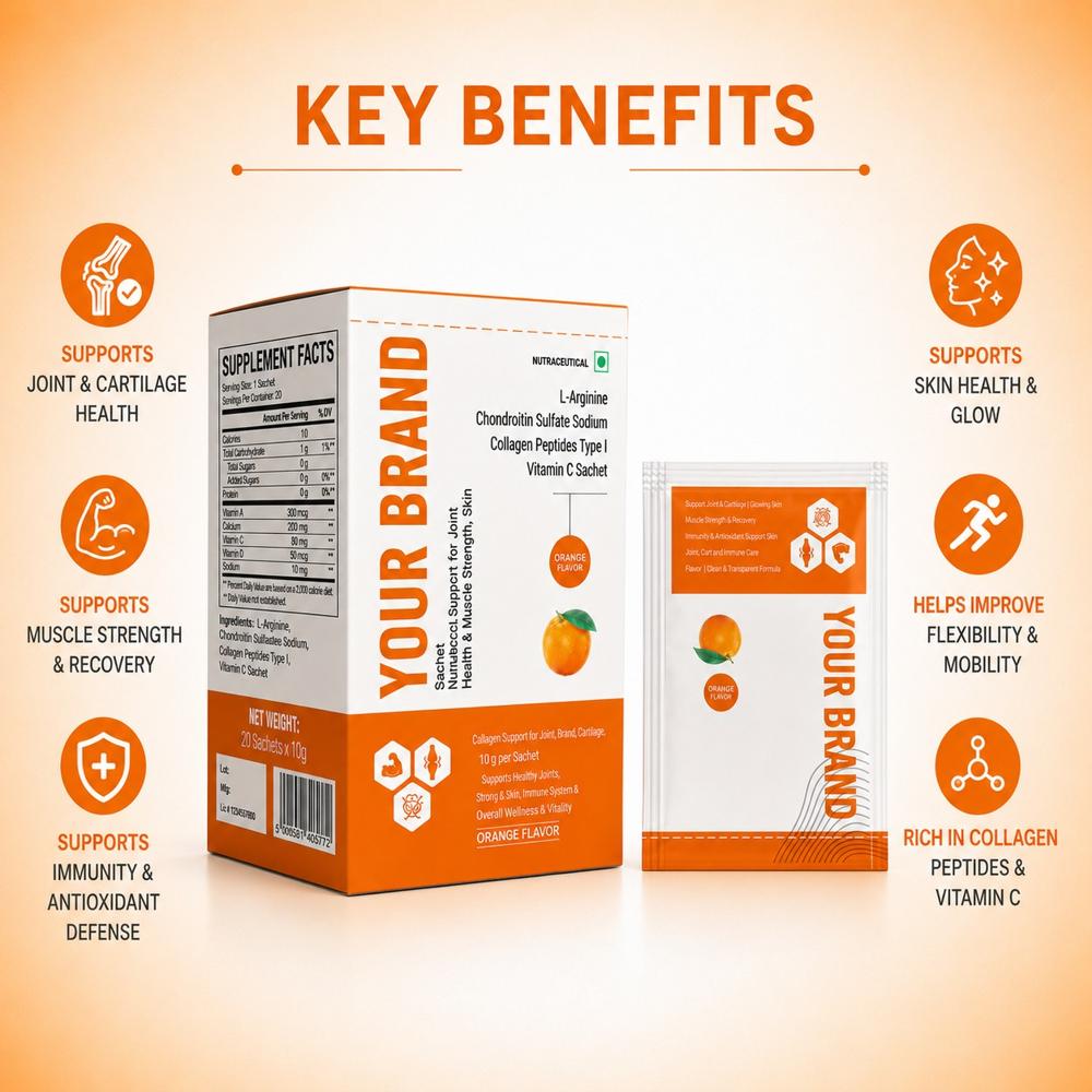 L-Arginine Chondroitin Sulfate Sodium Collagen Peptides I, Vitamin C Sachets