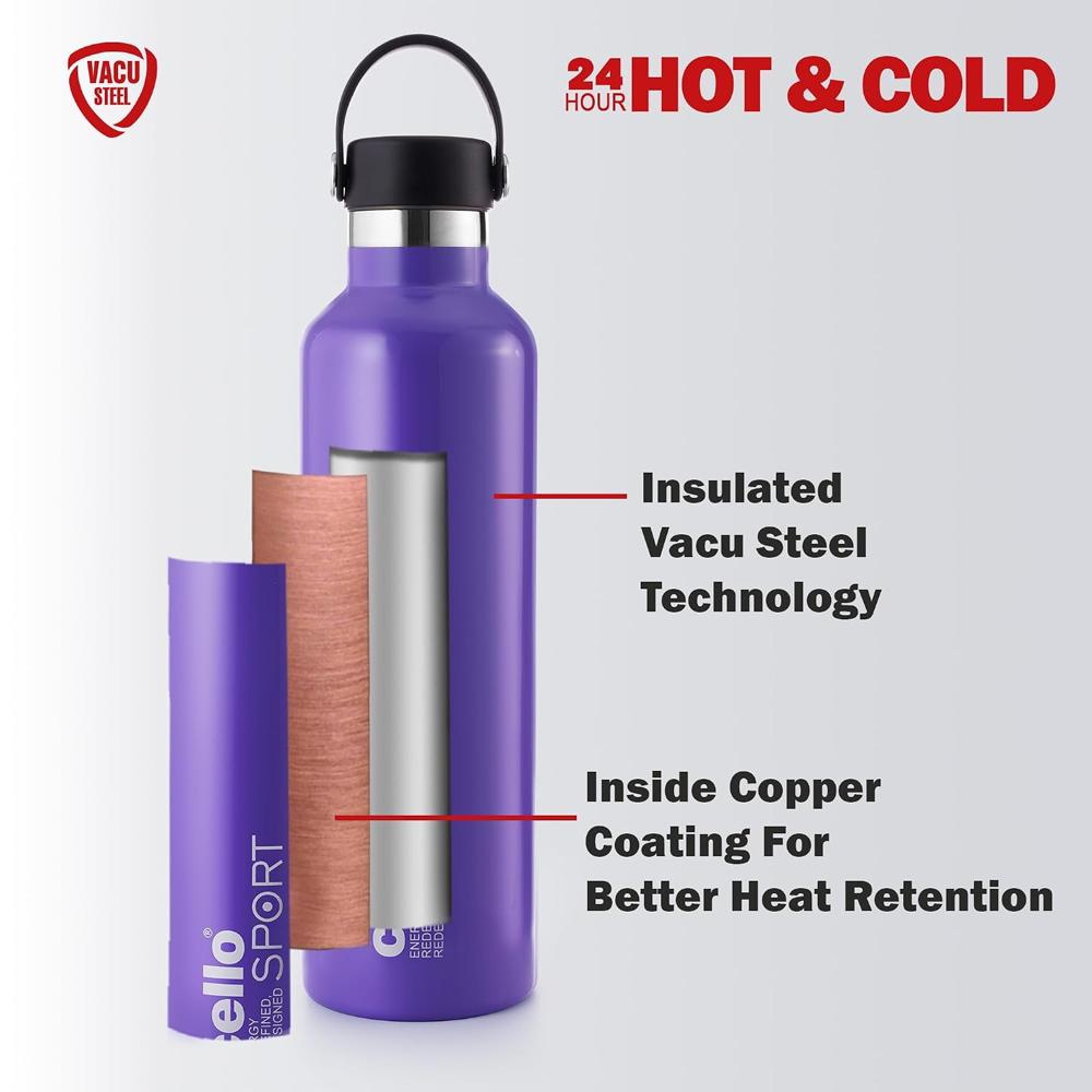 Cello Aqua Bliss Thermosteel Insulated Water Bottle, 1100ml, Purple | 24 Hours Hot & Cold Flask | Leak Proof | Office Bottle | Sports | Home | Kitchen | Hiking | Treking |Travel