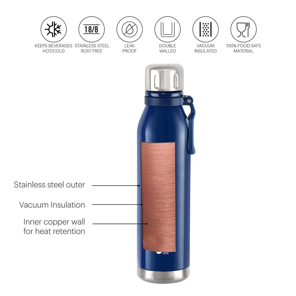 Cello Bentley Vacuum Insulated Thermosteel Water Bottle 600ml, Blue | 24 Hrs Hot & Cold, Leak Proof Lid, ISI Certified | Double Walled Vacuum Insulated Flask Bottle for Office, Gym, School & Travel