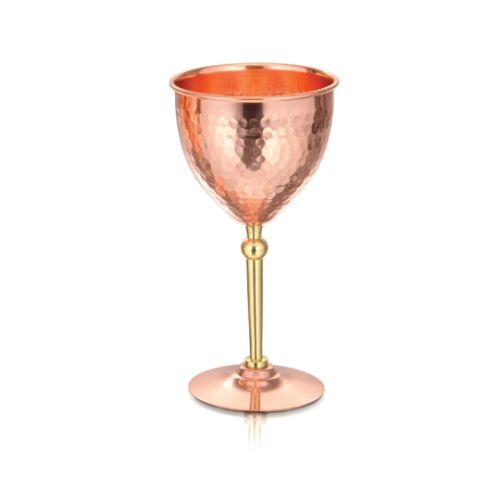 "Handcrafted Pure Copper Hammered Goblet Chalice With Elegant Polished Brass Stem And Base" - Capacity: 250 Milliliter (Ml)
