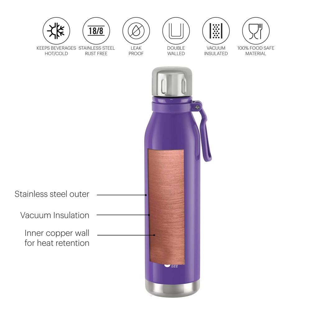 Cello Bentley Stainless Steel Flask, 800ml, Purple | 24 Hours Hot and Cold Thermoflask | Leak Proof & Screw Top Lid | Ideal for Office, Gym, Home, Kitchen, Hiking, Trekking, Travel Bottle