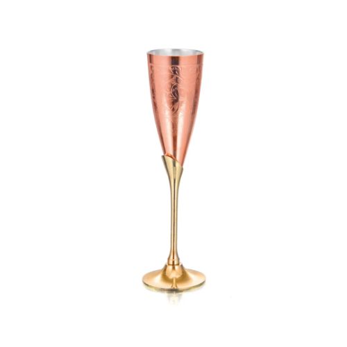 Handcrafted Pure Copper Floral Engraved Flute With Polished Brass Stem And Food-Grade Silver Lining" - Capacity: 150 Milliliter (Ml)