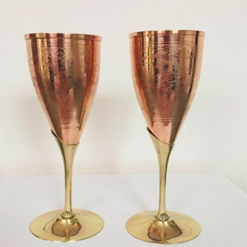 Handcrafted Pure Copper Floral Engraved Flute with Polished Brass Stem and Food-Grade Silver Lining