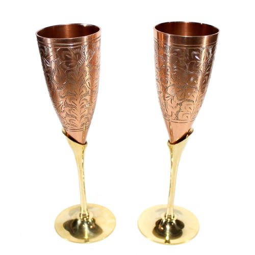 Handcrafted Pure Copper Floral Engraved Flute with Polished Brass Stem and Food-Grade Silver Lining