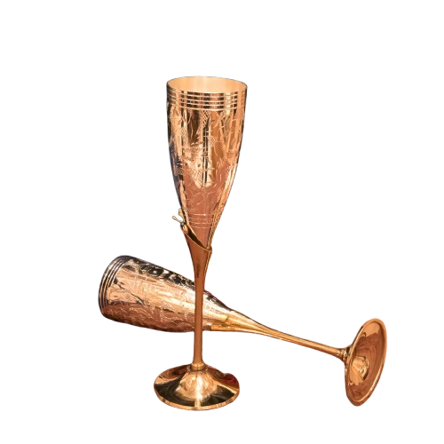 Handcrafted Pure Copper Floral Engraved Flute with Polished Brass Stem and Food-Grade Silver Lining
