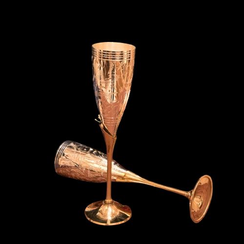 Handcrafted Pure Copper Floral Engraved Flute with Polished Brass Stem and Food-Grade Silver Lining