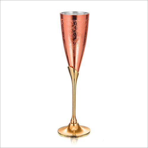 Handcrafted Pure Copper Floral Engraved Flute with Polished Brass Stem and Food-Grade Silver Lining