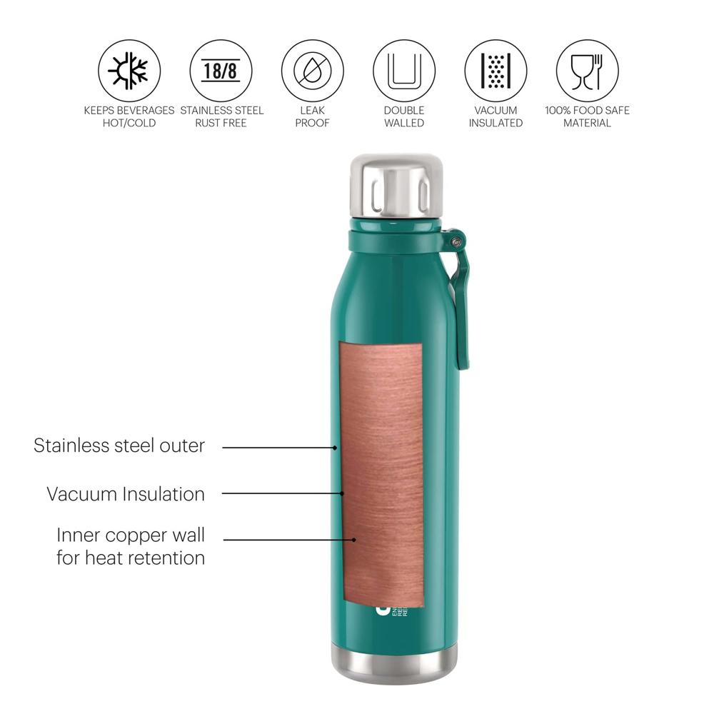 Cello Bentley Vacuum Insulated Thermosteel Water Bottle 1100ml, Green | 24 Hrs Hot & Cold, Leak Proof Lid, ISI Certified | Double Walled Vacuum Insulated Flask Bottle for Office, Gym, School & Travel