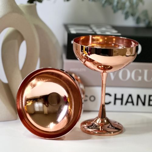 Handcrafted Pure Copper Mirror-Finish Margarita Coupe Glass with Elegant Polished Brass Stem and Base
