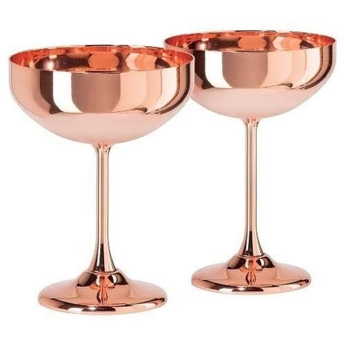Handcrafted Pure Copper Mirror-Finish Margarita Coupe Glass with Elegant Polished Brass Stem and Base
