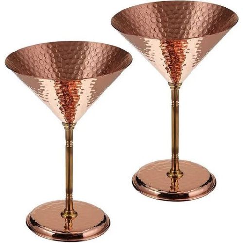 Handcrafted Pure Copper Hammered Martini Glass with Elegant Polished Brass Stem and Matching Copper Base