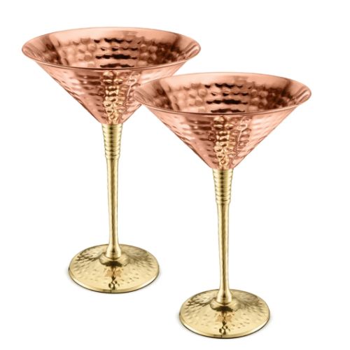 Handcrafted Pure Copper Hammered Martini Glass with Elegant Polished Brass Stem and Matching Copper Base