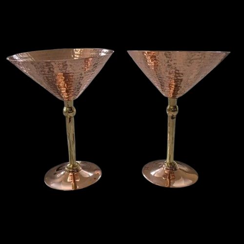 Handcrafted Pure Copper Hammered Martini Glass with Elegant Polished Brass Stem and Matching Copper Base