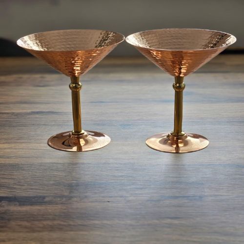 Handcrafted Pure Copper Hammered Martini Glass with Elegant Polished Brass Stem and Matching Copper Base
