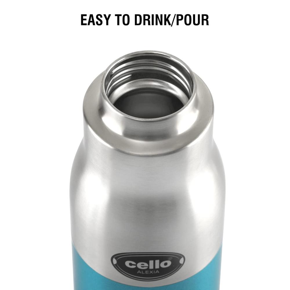 Cello Alexia Insulated Flask | Hot and Cold Stainless Steel Water Bottle | Double Walled Carry Flask for Travel, Home, Office, School | 600 ml, Blue
