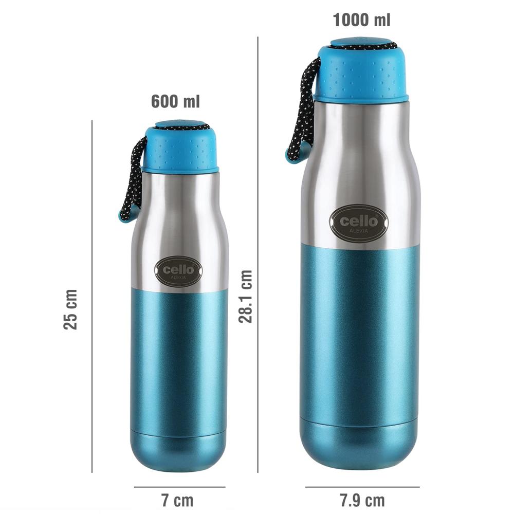 Cello Alexia Insulated Flask | Hot and Cold Stainless Steel Water Bottle | Double Walled Carry Flask for Travel, Home, Office, School | 600 ml, Blue