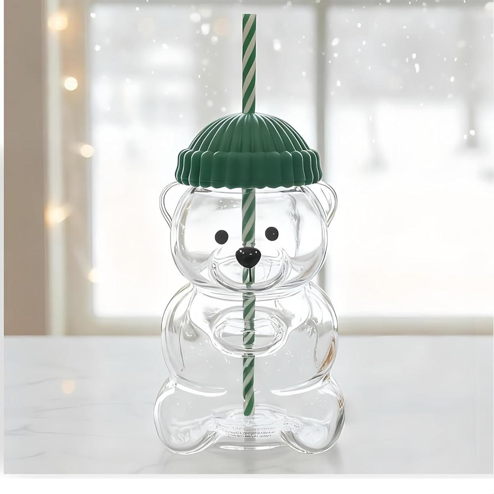 Cute Bear Glass Straw Tumbler Premium Transparent Drinking Cup