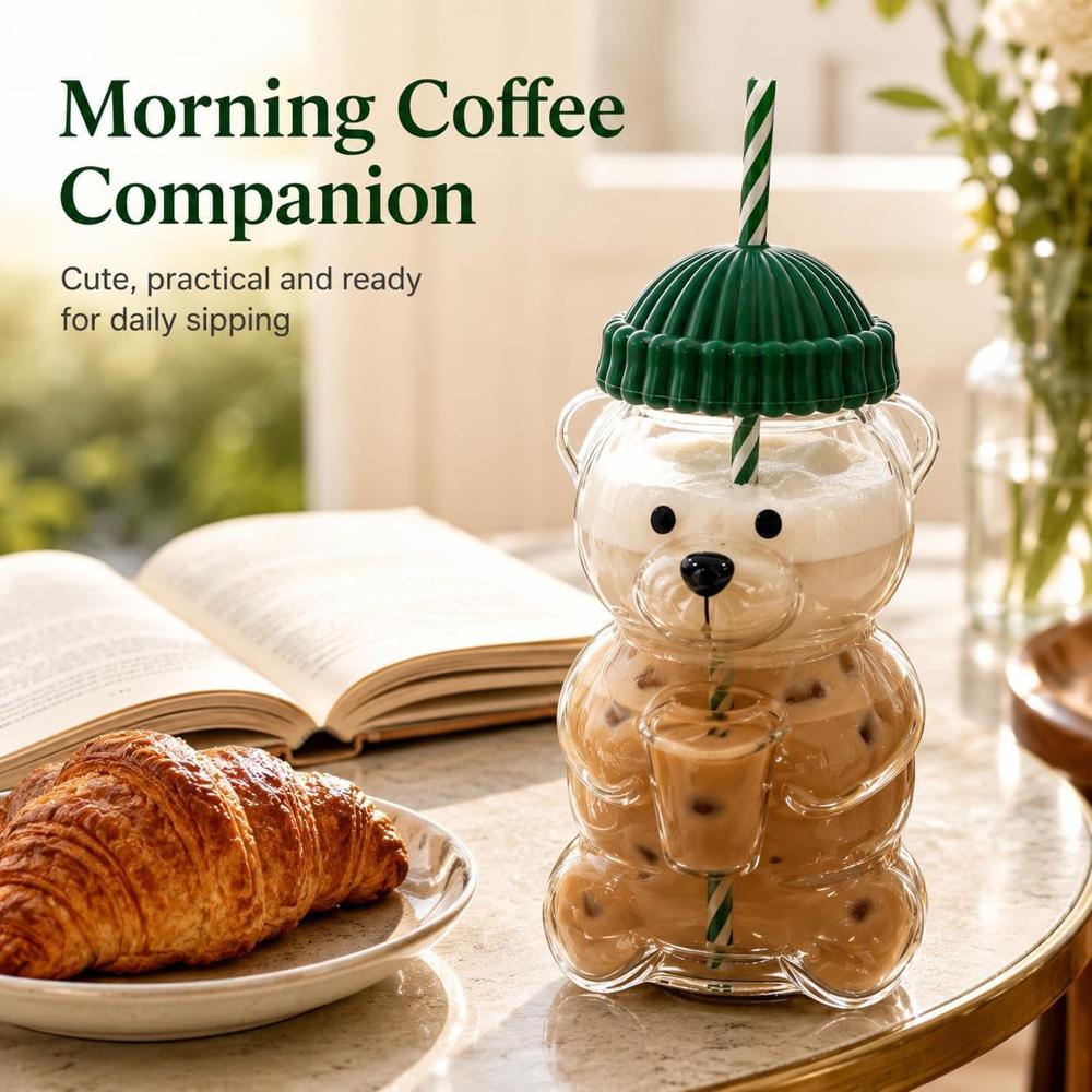 Cute Bear Glass Straw Tumbler Premium Transparent Drinking Cup