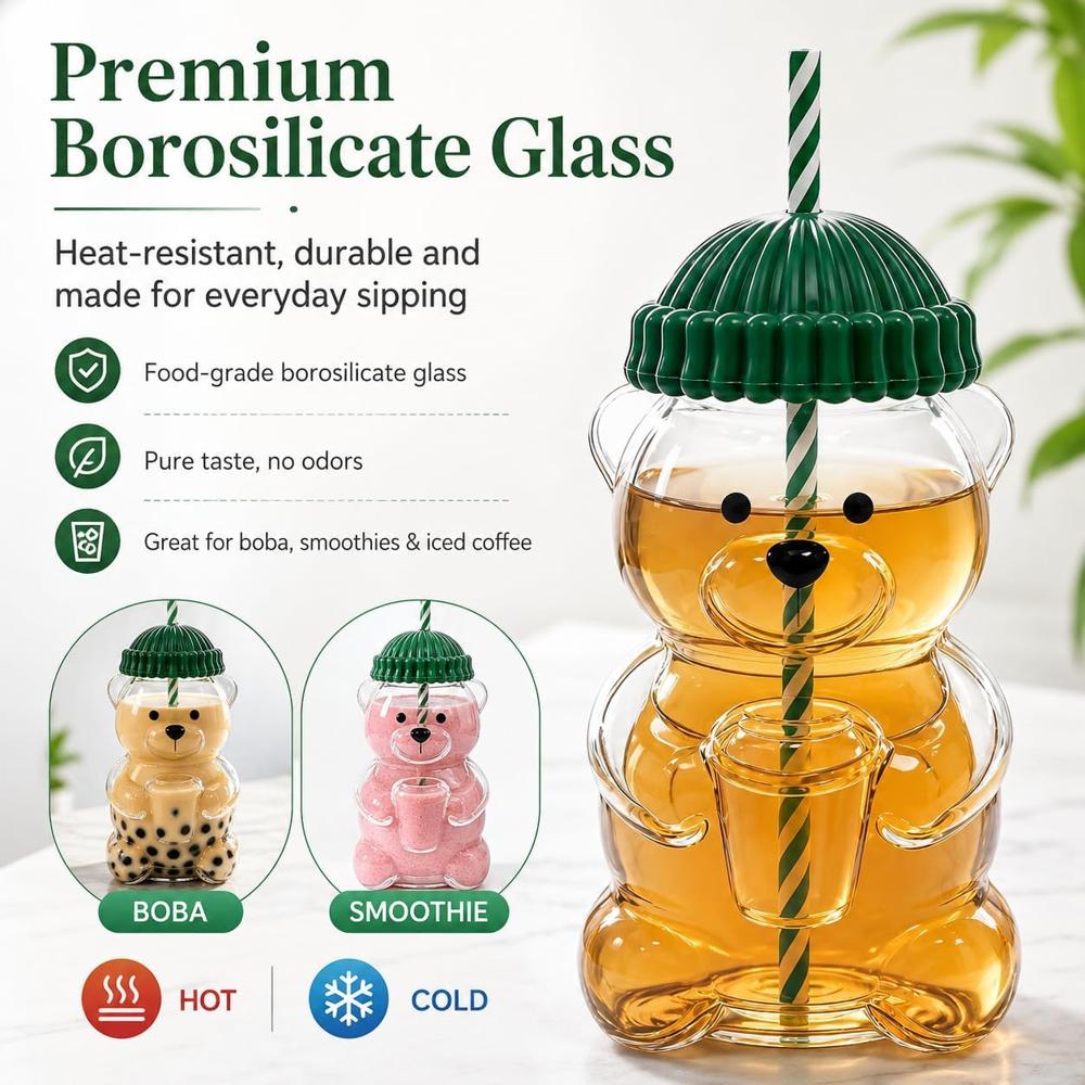 Cute Bear Glass Straw Tumbler Premium Transparent Drinking Cup