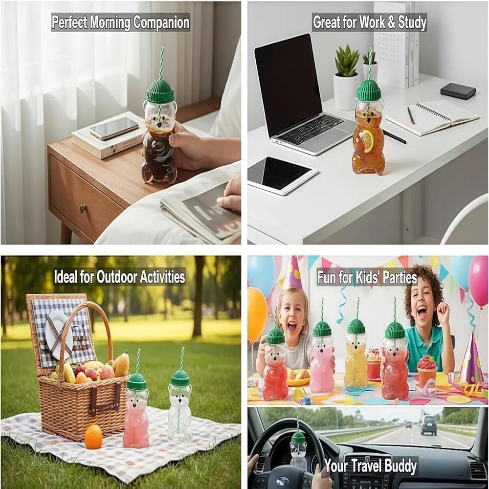Cute Bear Glass Straw Tumbler Premium Transparent Drinking Cup