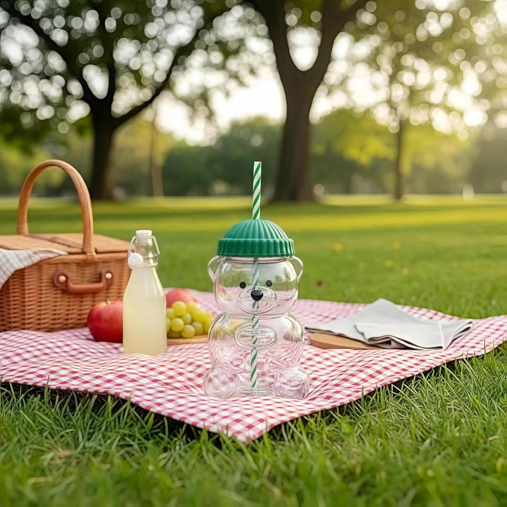 Cute Bear Glass Straw Tumbler Premium Transparent Drinking Cup