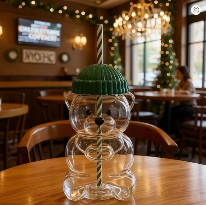 Cute Bear Glass Straw Tumbler Premium Transparent Drinking Cup