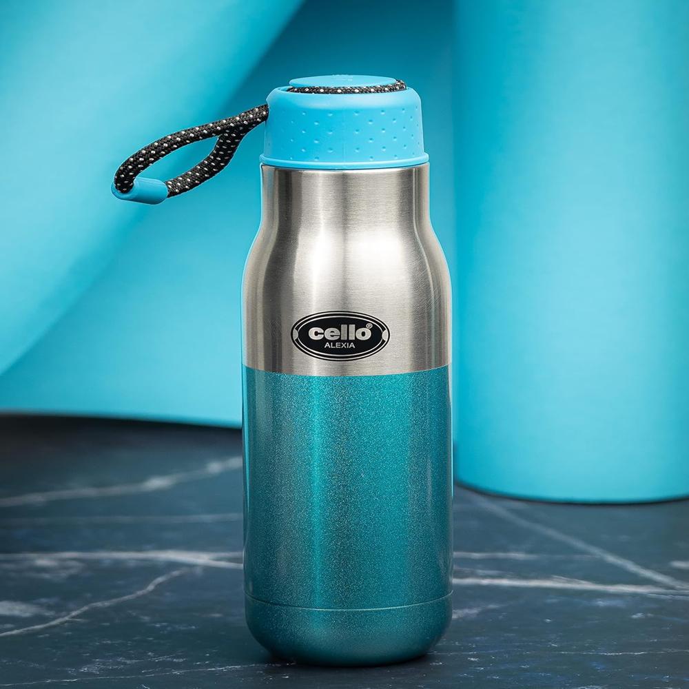 Cello Alexia Insulated Flask | Hot and Cold Stainless Steel Water Bottle | Double Walled Carry Flask for Travel, Home, Office, School | 800 ml, Blue