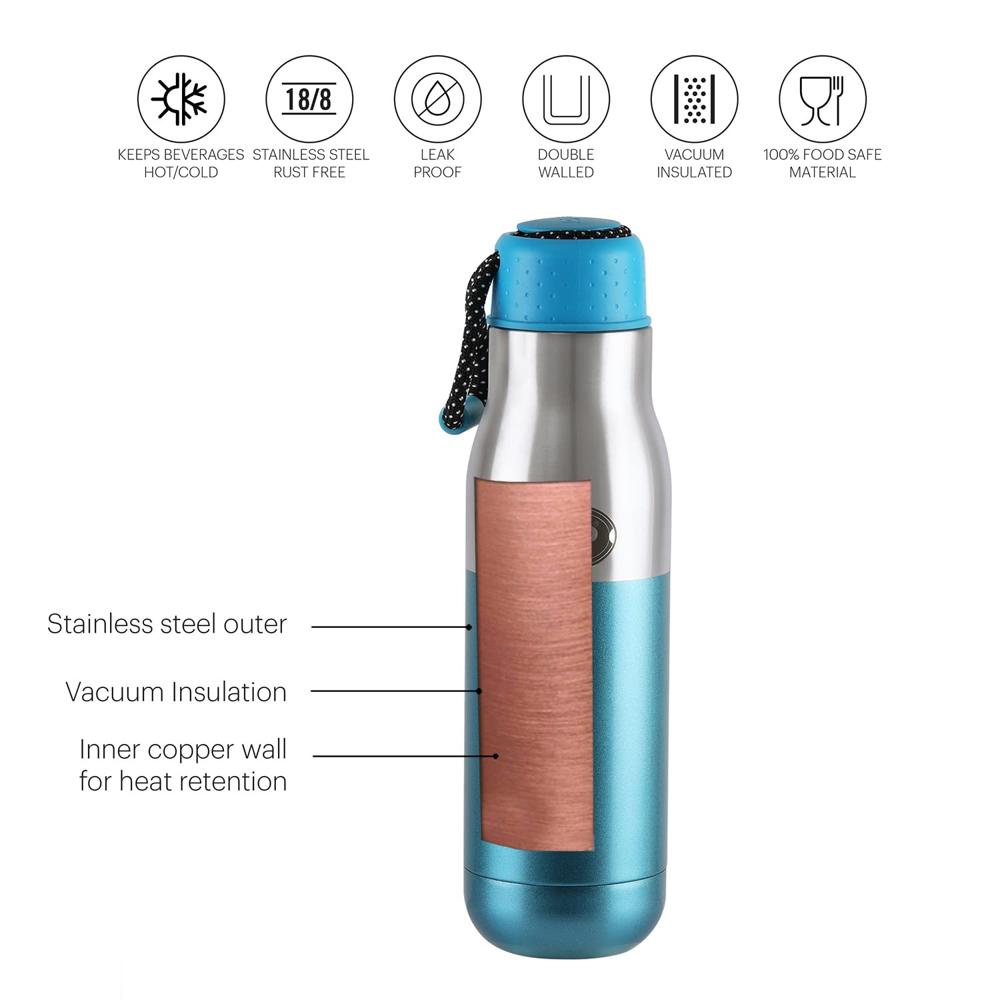 Cello Alexia Insulated Flask | Hot and Cold Stainless Steel Water Bottle | Double Walled Carry Flask for Travel, Home, Office, School | 800 ml, Blue