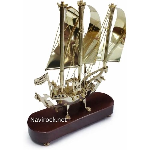 Vintage Brass Sailing Ship Model With Wooden Base Nautical Desk Decor, Handmade Maritime Showpiece For Home & Office, Antique Style Gift Item 9 Inches - Color: Gold/brown