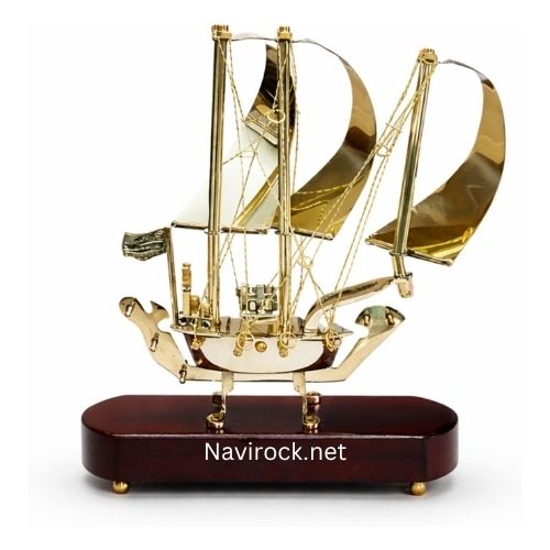 Vintage Brass Sailing Ship Model with Wooden Base Nautical Desk Decor, Handmade Maritime Showpiece for Home & Office, Antique Style Gift Item 9 Inches