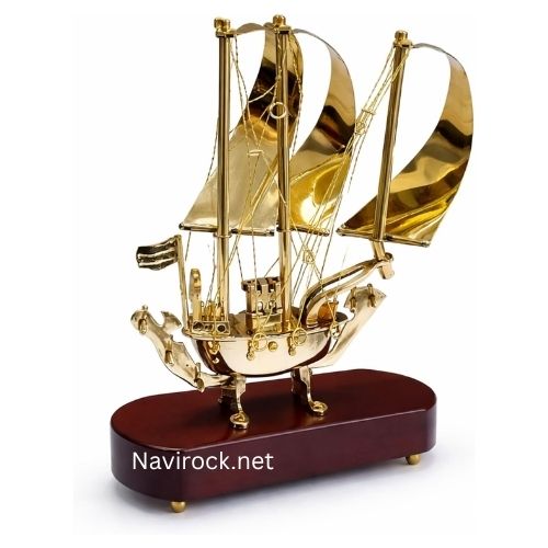 Vintage Brass Sailing Ship Model with Wooden Base Nautical Desk Decor, Handmade Maritime Showpiece for Home & Office, Antique Style Gift Item 9 Inches