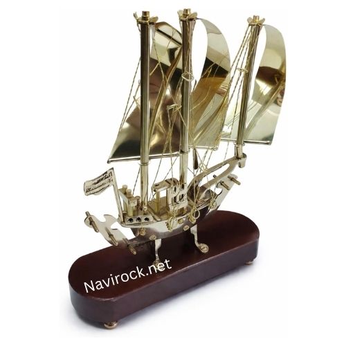 Vintage Brass Sailing Ship Model with Wooden Base Nautical Desk Decor, Handmade Maritime Showpiece for Home & Office, Antique Style Gift Item 9 Inches