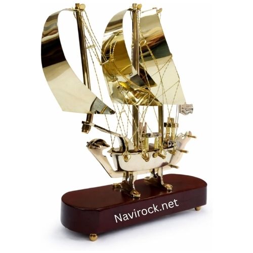 Vintage Brass Sailing Ship Model with Wooden Base Nautical Desk Decor, Handmade Maritime Showpiece for Home & Office, Antique Style Gift Item 9 Inches
