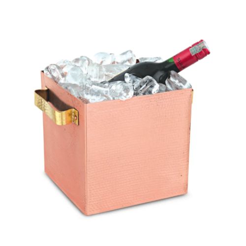 "Handcrafted Square Hammered Pure Copper Tabletop Chiller And Ice Bucket With Dual Cast Brass Strap Handles - Capacity: 6000 Milliliter (Ml)