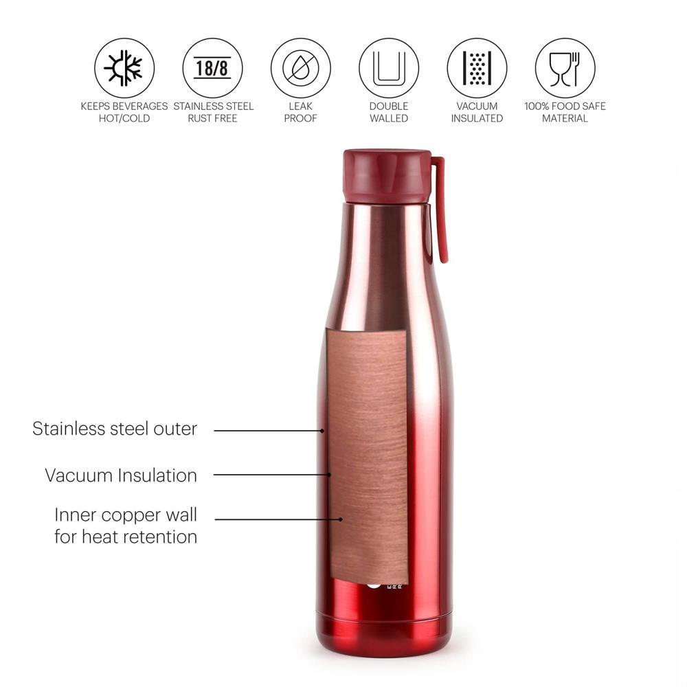 Cello Dazzle Insulated Stainless Steel Water Bottle 600 ml, Red | ISI Certified, Double Walled, 24 Hours Hot & Cold Vacuum Insulated Flask Water Bottle | Leak Proof Screw Cap Thermosteel Bottle