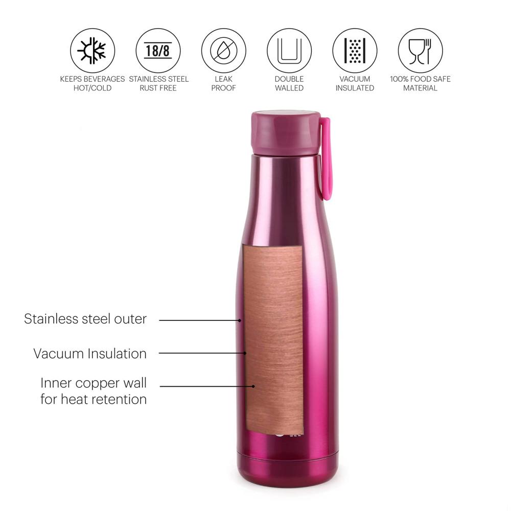 Cello Dazzle Insulated Stainless Steel Water Bottle 800 ml, Pink | ISI Certified, Double Walled, 24 Hours Hot & Cold Vacuum Insulated Flask Water Bottle | Leak Proof Screw Cap Thermosteel Bottle
