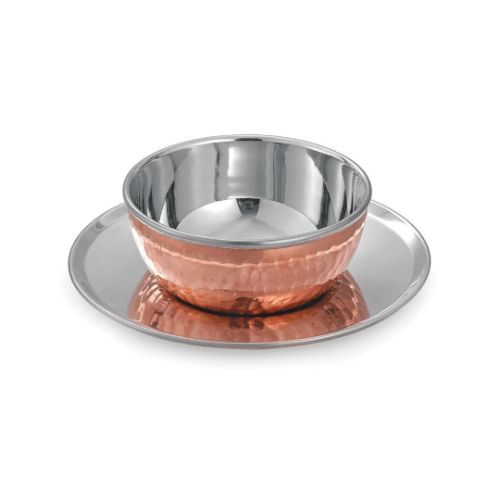 Hammered Copper and Stainless Steel Finger Bowl with Underliner Plate Set. matching copper tableware